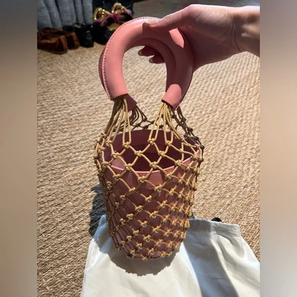 Staud Moreau Macrame and Leather Bucket Bag Pink